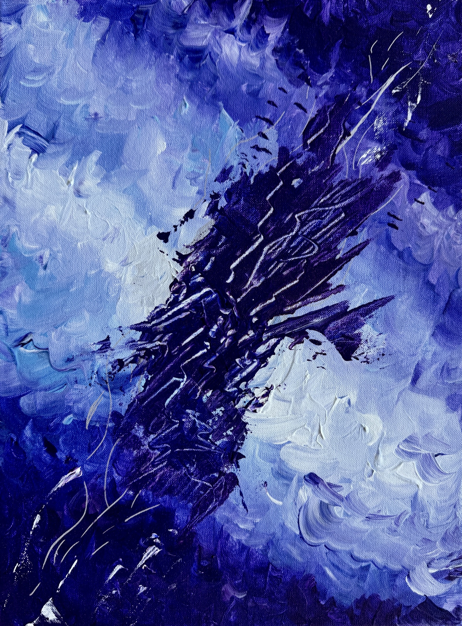 Abstract painting — atmospheric blue-purple clouds with a dark diagonal seam